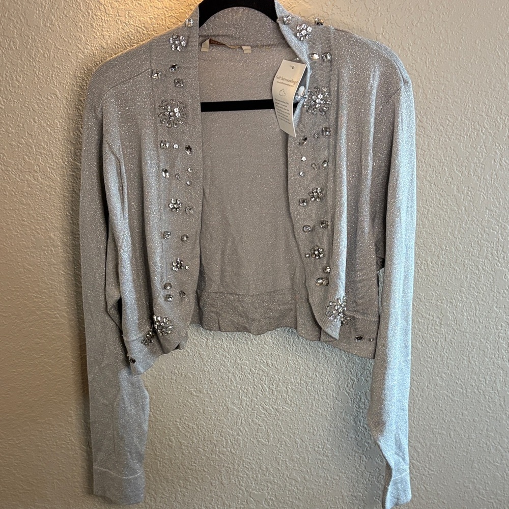 Soft Surroundings Metallic Silver Rhinestone Sweater Wrap/size large/ NWT